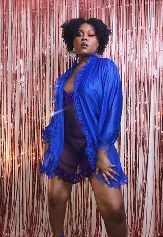 VINTAGE 70S RUFFLED ELECTRIC BLUE ROBE