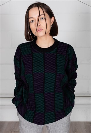 VINTAGE RETRO SQUARES PRINT KNITTED UNISEX JUMPER