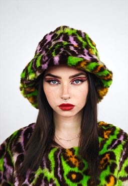 Leopard faux fur bucket green neon animal print festival cap