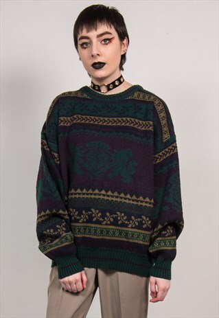 VINTAGE 90'S GREEN & PURPLE STRIPED PATTERN KNIT JUMPER