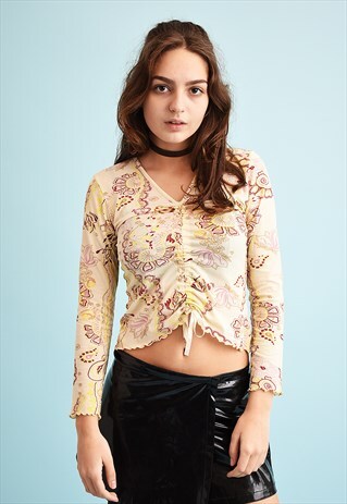 90'S RETRO Y2K FLORAL PRINT KITSCH MESH TEEN PARTY TOP