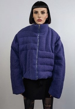 Cropped fleece jacket Asymmetric fluffy bomber box fit coat