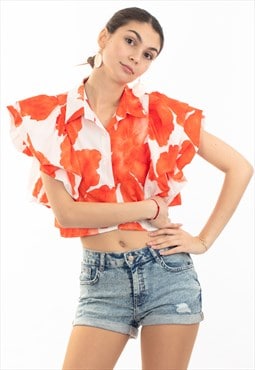 Orange leaves' print double layer sleeves design crop shirt