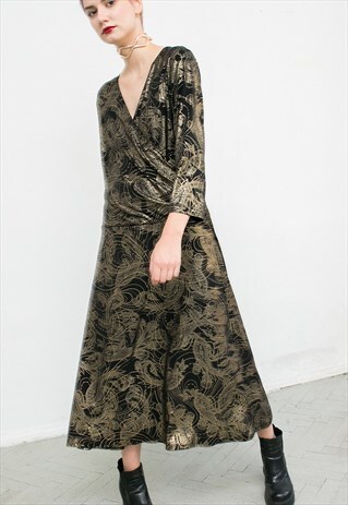 VINTAGE DRESS GOLD METALLIC LONG BLACK SHINY