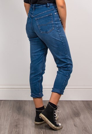 VINTAGE 90'S BLUE DENIM HIGH WAIST SLIM FIT MOM JEANS