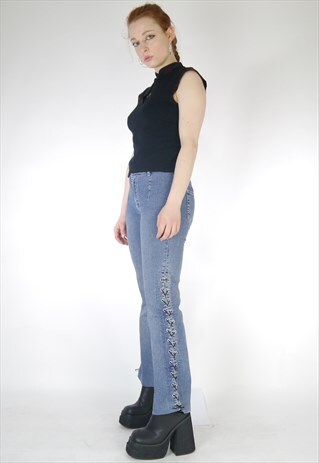VINTAGE 90S Y2K FLARED DENIM LACE UP CORSET DETAIL JEANS