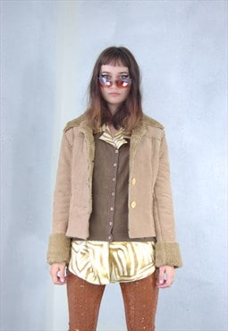 Vintage y2k light cream shearling short afghan suede jacket