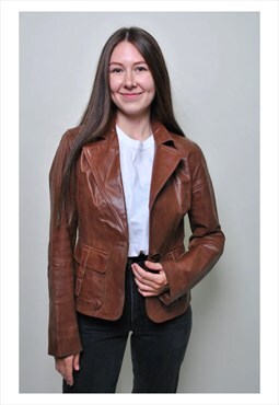 Y2k leather blazer, 00s fashion brown leather jacket 