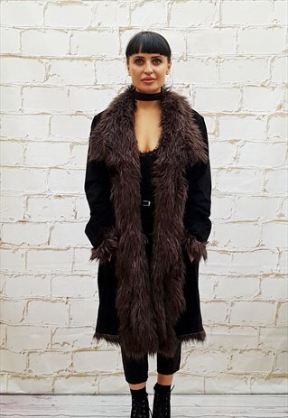 VINTAGE BLACK/BROWN SUEDE/FAUX FUR AFGHAN COAT