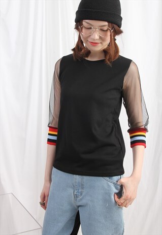 (KOREAN) MESH SLEEVE WITH COLOUR STRIPE JERSEY TOP