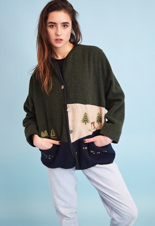 80'S RETRO LANDSCAPE OVERSIZED KNIT WOOLLEN CARDI JACKET