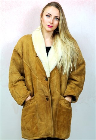 1980S VINTAGE TAN BROWN SHEEPSKIN SHERLING OVERSIZED COAT