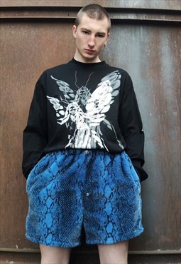 Python fleece shorts handmade snake fur cargo overalls blue