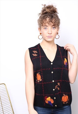 VINTAGE 90S HALLOWEEN PUMPKIN JUMPER WAISTCOAT