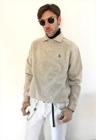 VINTAGE CALVIN KLEIN BEIGE JUMPER 1 / 4 BUTTONS