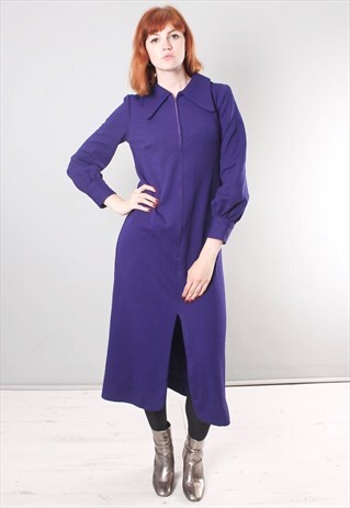 VINTAGE 70S POINTY COLLAR TEXTURED TUNIC MIDI DRESS