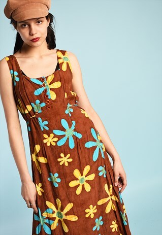 VINTAGE 90'S RETRO BOHO FLORAL PRINT MIDI DRESS