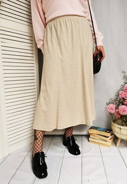 Vintage 90s beige knitted jersey midi skirt 