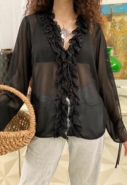 Vintage Y2K 00s Sexy sheer ruffle front black blouse top 