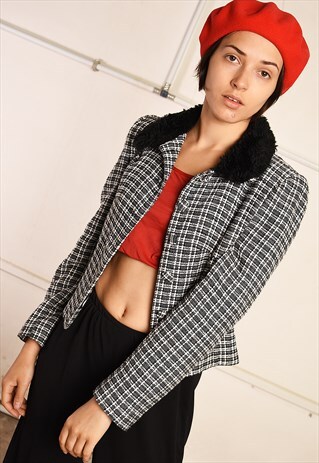 90'S RETRO FAUX FUR COLLAR CHECKED PARIS CHIC BLAZER JACKET