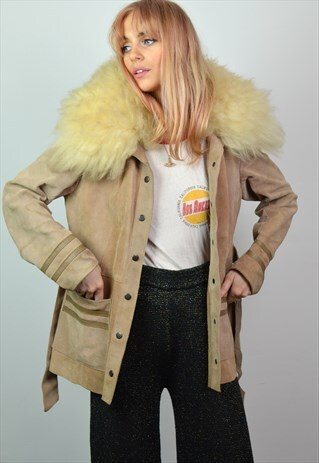 VINTAGE 70S LIGHT BROWN SUEDE & FAUX FUR COLLAR JACKET