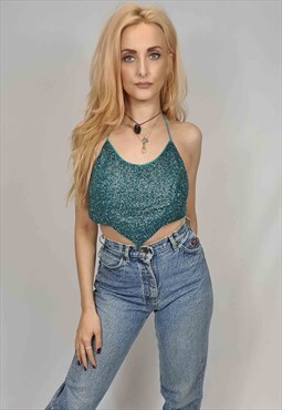 Women's Vintage 90's Beaded Cropped Halter Party Top 