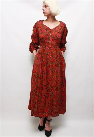 VINTAGE 60'S BEAUTIFUL CUTE RED FLOWER MIDI DRESS
