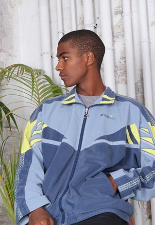 VINTAGE DIADORA CHEST TAPE LOGO TRACK JACKET VELOUR BLUE