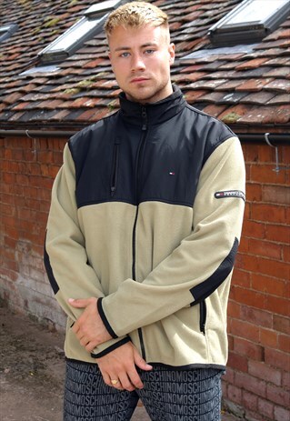 LIGHT BEIGE AND BLACK TOMMY HILFIGER ZIP UP FLEECE