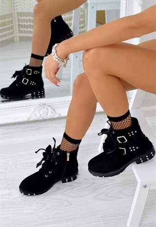 BLACK STUDDED RIBBON ANKLE BOOTS - SUEDE