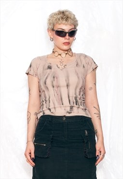 Vintage Y2K Baby Tee in Beige Reworked Hand-Painted