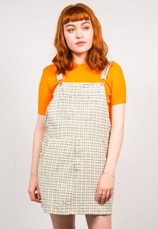 VINTAGE 90'S GREEN CHECKED PATTERN PINAFORE DENIM DRESS