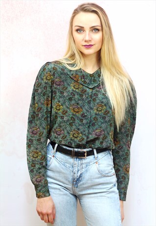 1990S VINTAGE BOTTLE GREEN FLORAL PRINT SILKY BLOUSE