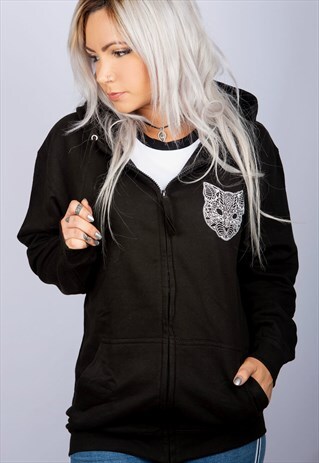 CAT MANDALA BLACK ZIP HOODIE