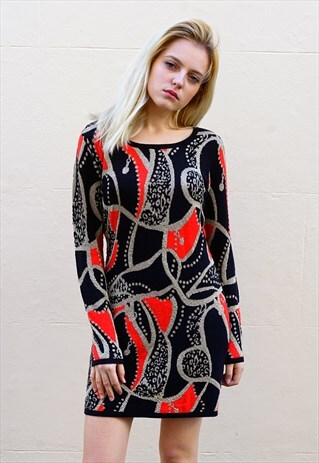 Knitted Bodycon Dress with Gold/Red Abstract Print