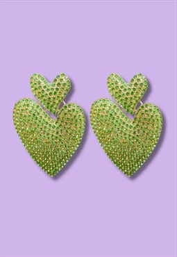 Statement earrings green rhinestone heart