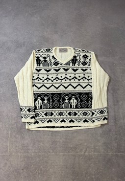 Vintage Knitted Jumper Cute People Patterned Knit Sweater