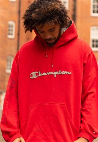 VINTAGE CHAMPION SPELLOUT HOODIE IN RED