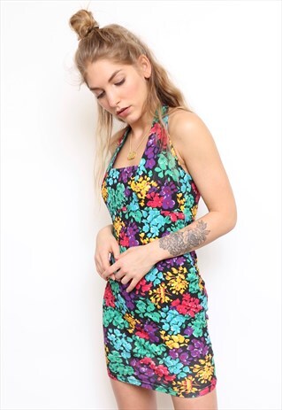 VINTAGE 80S MULTICOLOURED FLORAL BODYCON MINI DRESS