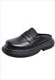 UNUSUAL MULES FAUX LEATHER LOAFERS PLATFORM SLIPPERS BLACK