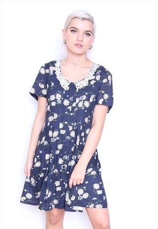 VINTAGE 90S NAVY FLORAL PRINT BUTTON DOWN MINI DRESS