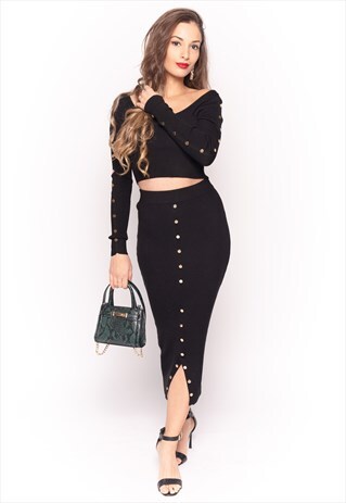 SOFT KNIT LONG SLEEVES CROP TOP & MIDI SKIRT IN BROWN