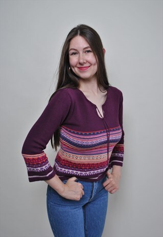 Abstract print sweater, vintage aztec pattern pullover knit 