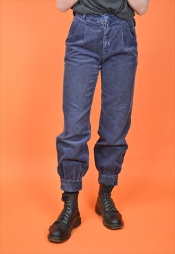 Vintage dark blue classic 80's straight velvet trousers