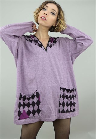 VINTAGE 80S 90S OVERSIZED PURPLE PATTERNED 1/4 ZIP TOP