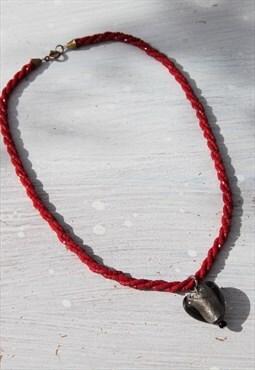Vintage red beaded necklace,gray-pearly glass heart,pandant