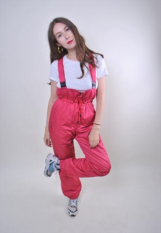 80S RED SUSPENDERS WOMEN SKI SUIT, VINTAGE SNOWSUIT