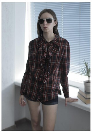VINTAGE 90'S MULTI COLOUR CHECKED LONG SLEEVE RUFFLE BLOUSE