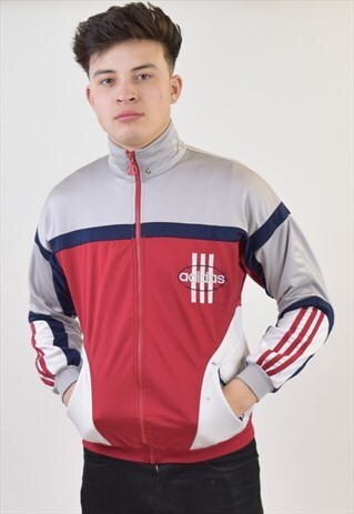 VINTAGE 90S RED GREY ADIDAS TRACKSUIT TOP JACKET