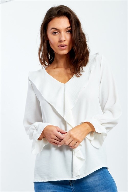 ruffle v front long sleeve blouse